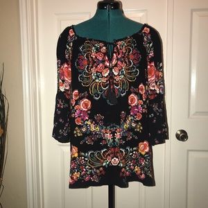 Bila Black and Floral Peasant Style Blouse
